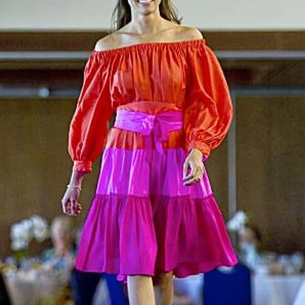 DNKY SILK Colorful Tiered Skirt Pink Orange Party 8 Bloomingdale’s Cruise Midi - Picture 2 of 10